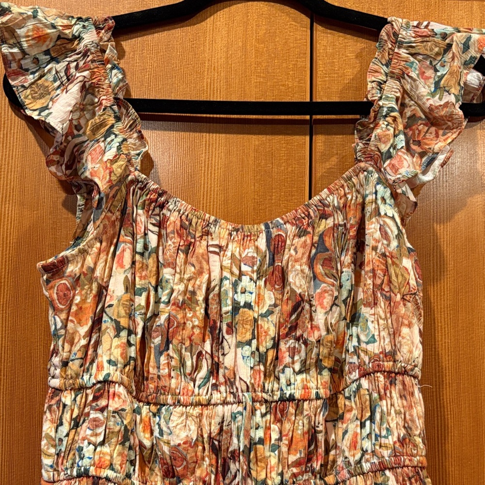 Floral Ruffled-Sleeve Midi Dress in Rust Floral - Picture 2 of 5